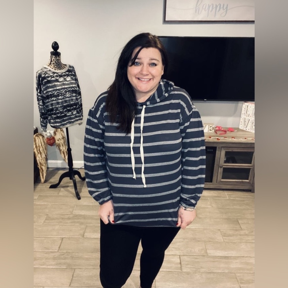 Charcoal, gray and white striped stretchy lightweight hoodie